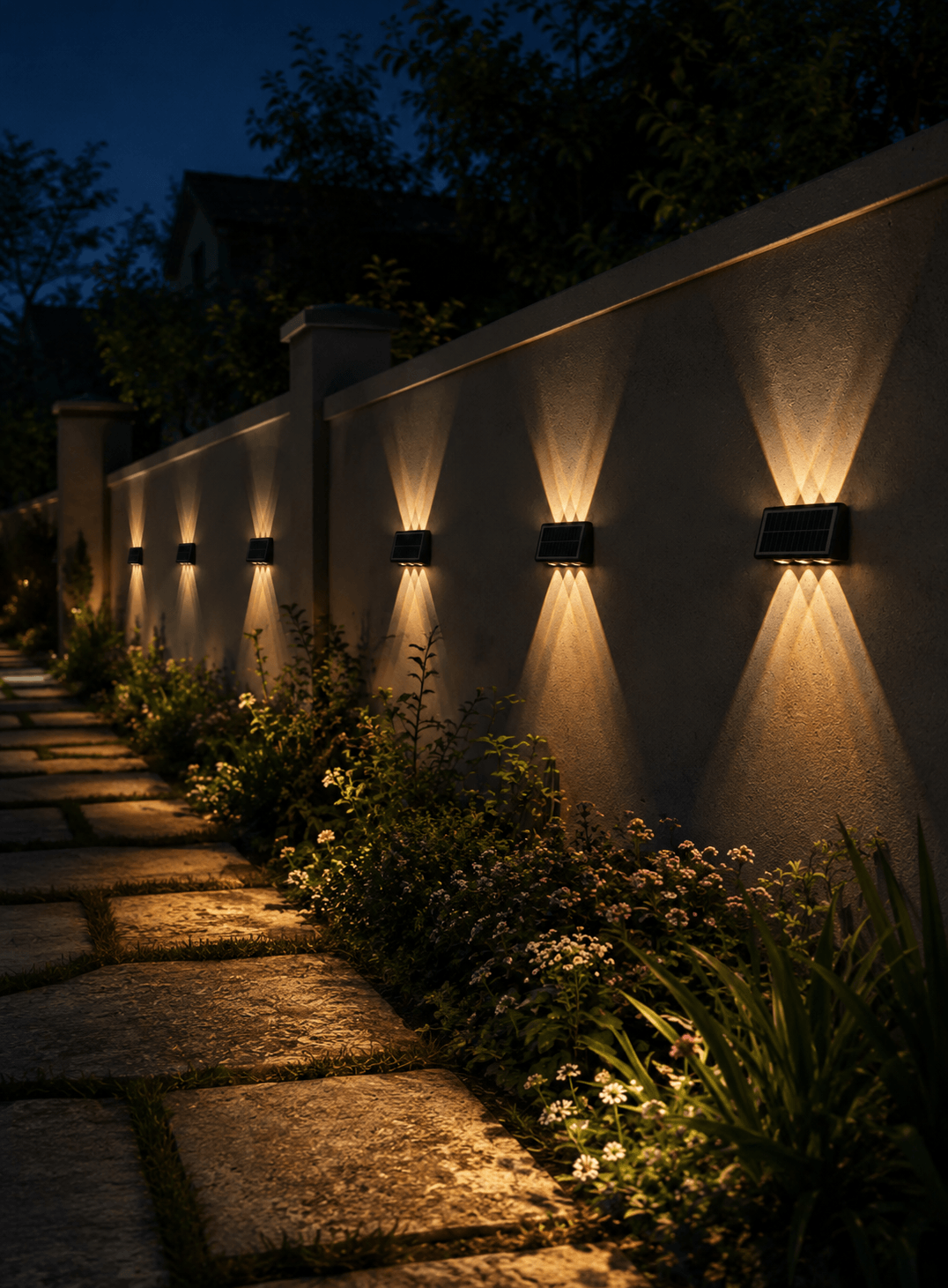 Multiple solar outdoor wall lights installed along a garden pathway wall, creating warm white decorative lighting for villa gardens and outdoor walls in Kuwait