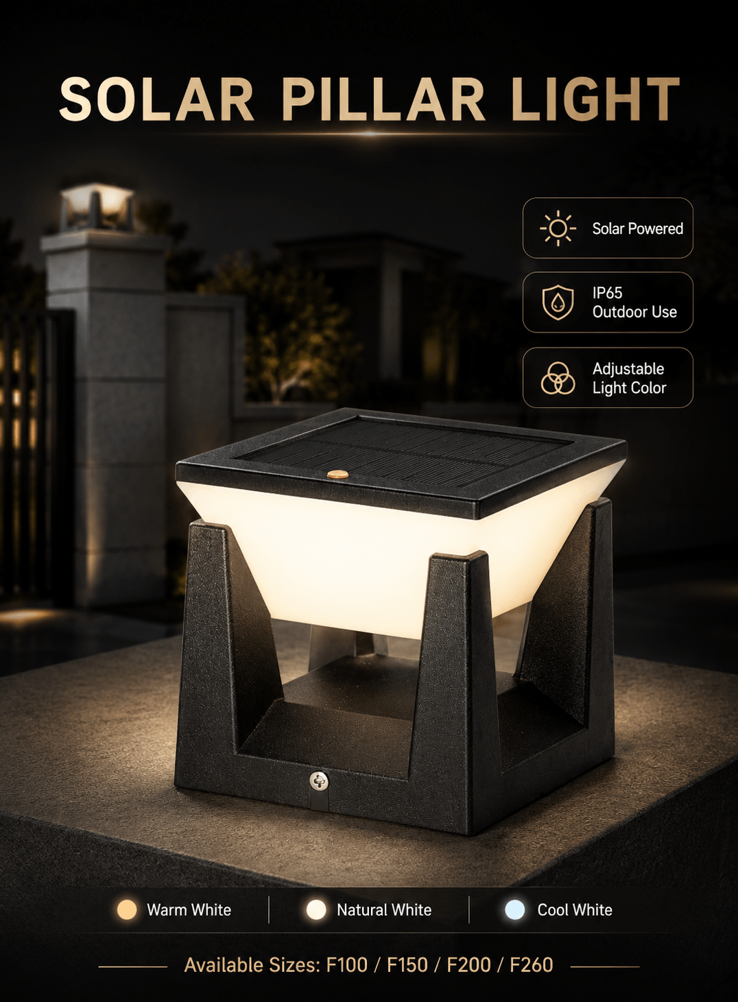 Solar pillar light Kuwait with 3 adjustable colors for garden columns and villa gates