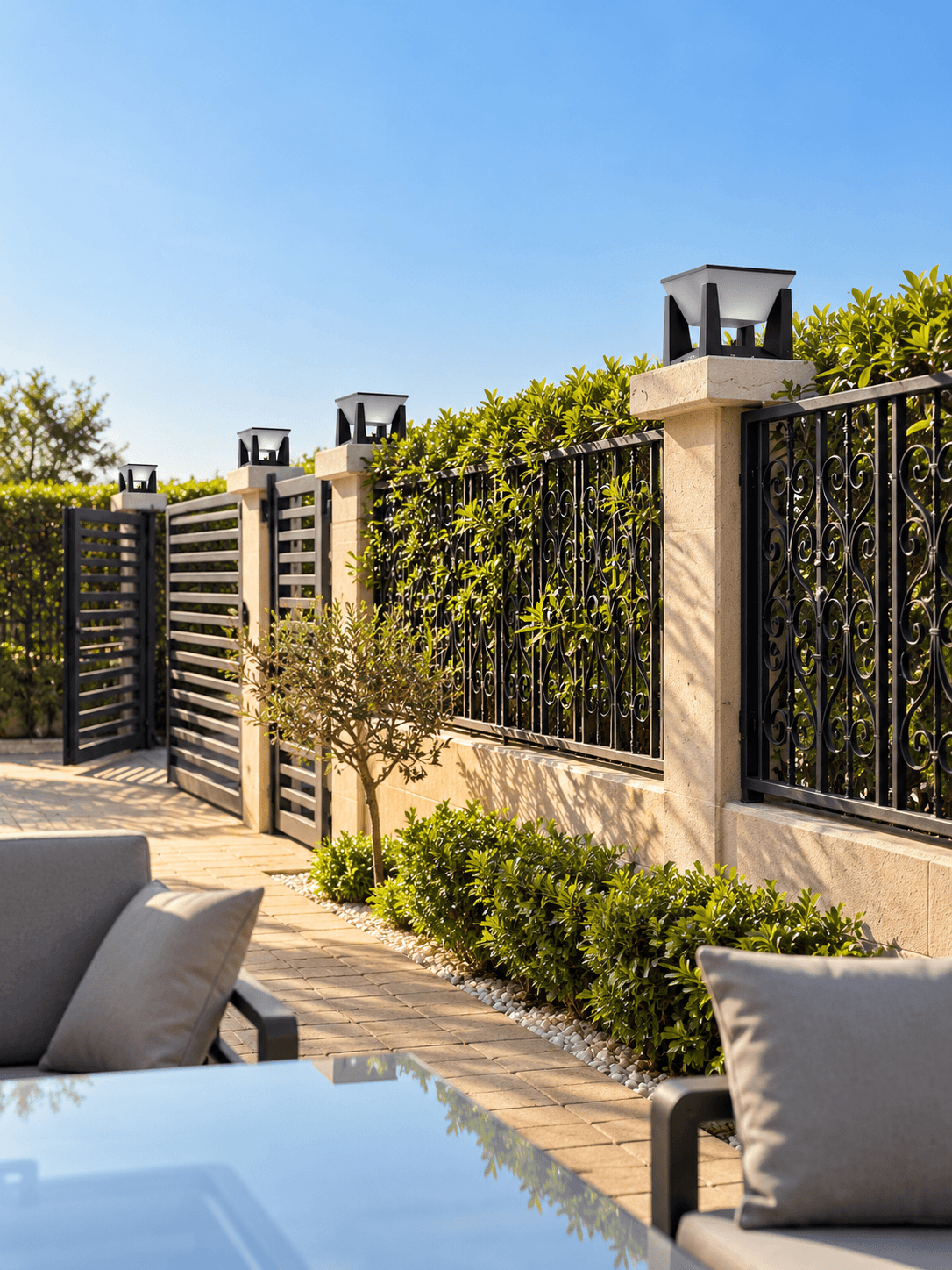 Black solar pillar lights installed on villa gate and fence posts in Kuwait, showing modern outdoor garden lighting design.