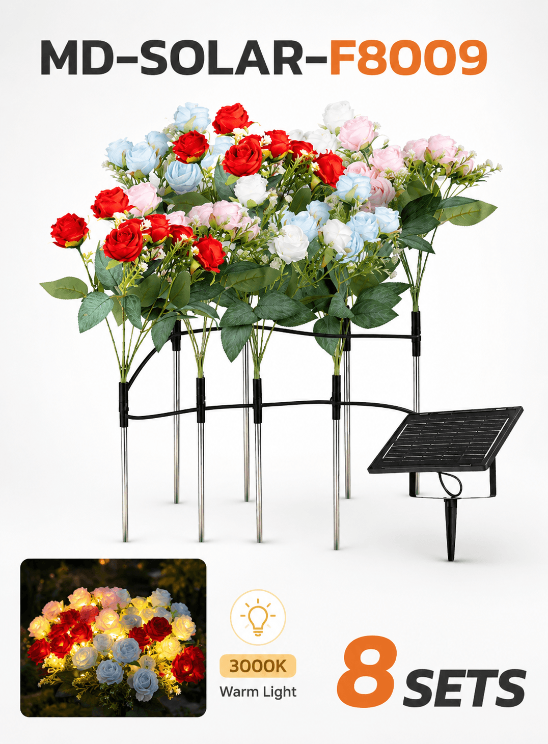 Solar rose garden lights 8 set with mixed color flowers, warm 3000K LED light, solar panel and IP65 waterproof outdoor design.