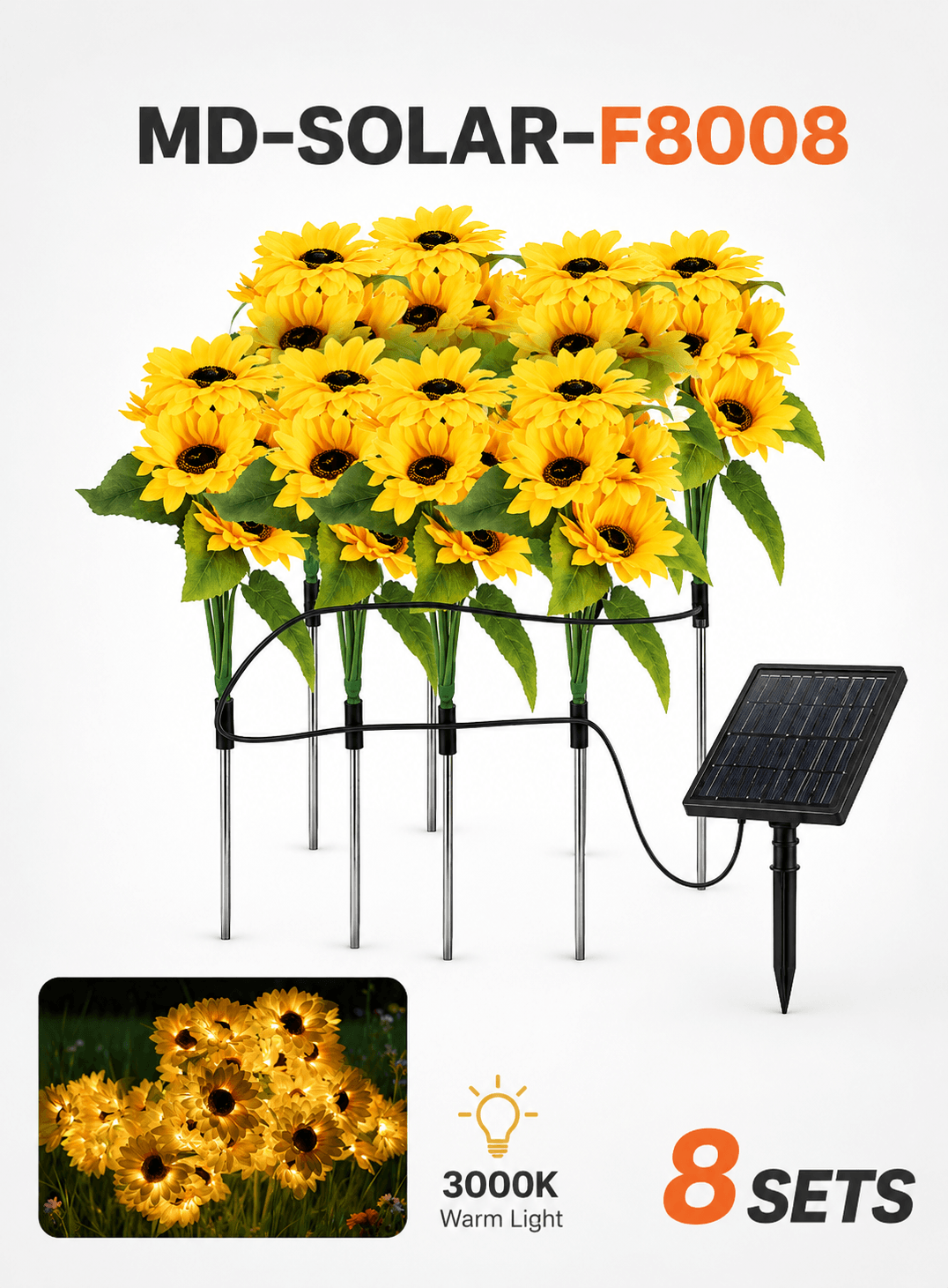 Solar sunflower garden lights 8 set with warm 3000K LED light, solar panel and IP65 waterproof design for outdoor garden use