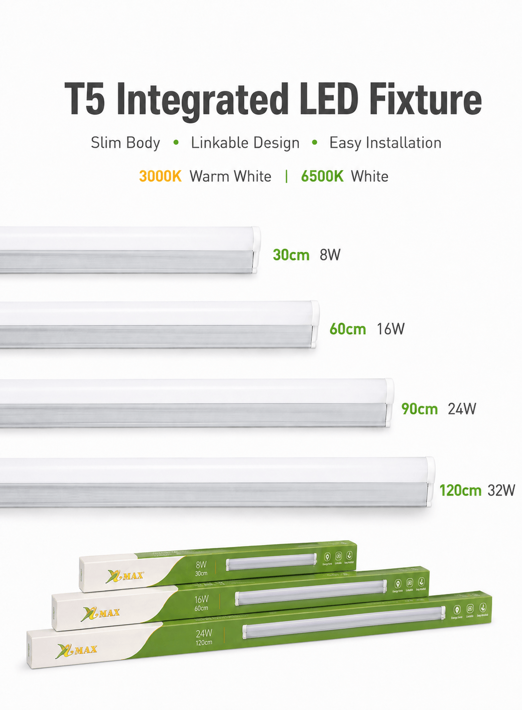 VMAX T5 integrated LED fixture available in 30cm, 60cm, 90cm and 120cm for indoor lighting in Kuwait