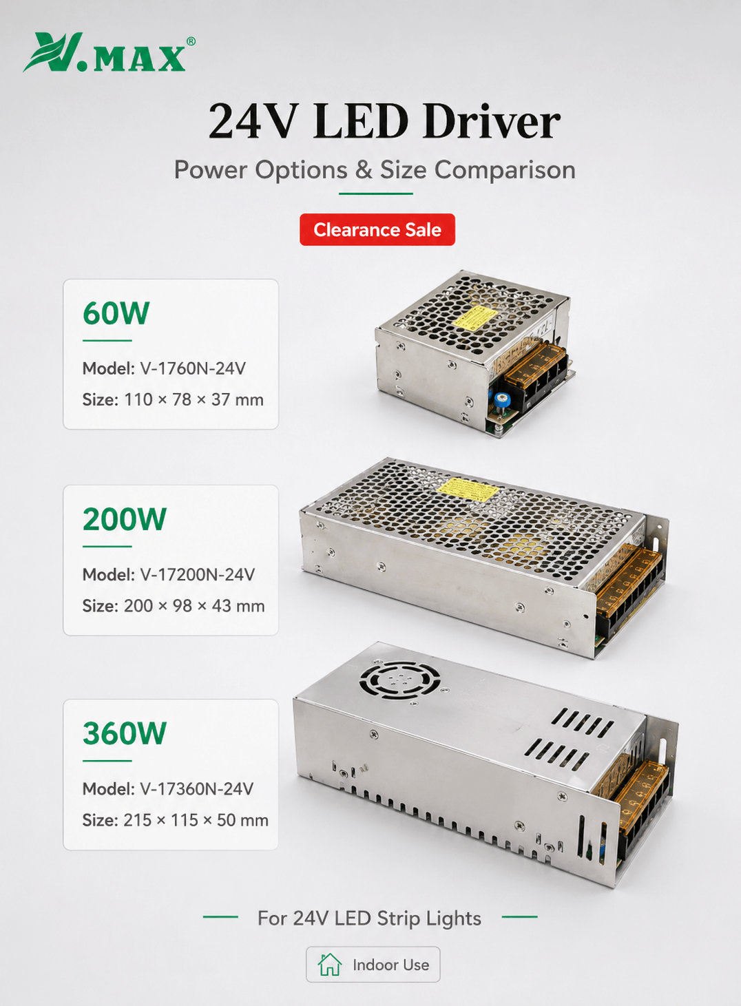VMAX 24V LED driver power options and size comparison, including 60W, 200W and 360W models for LED strip lights