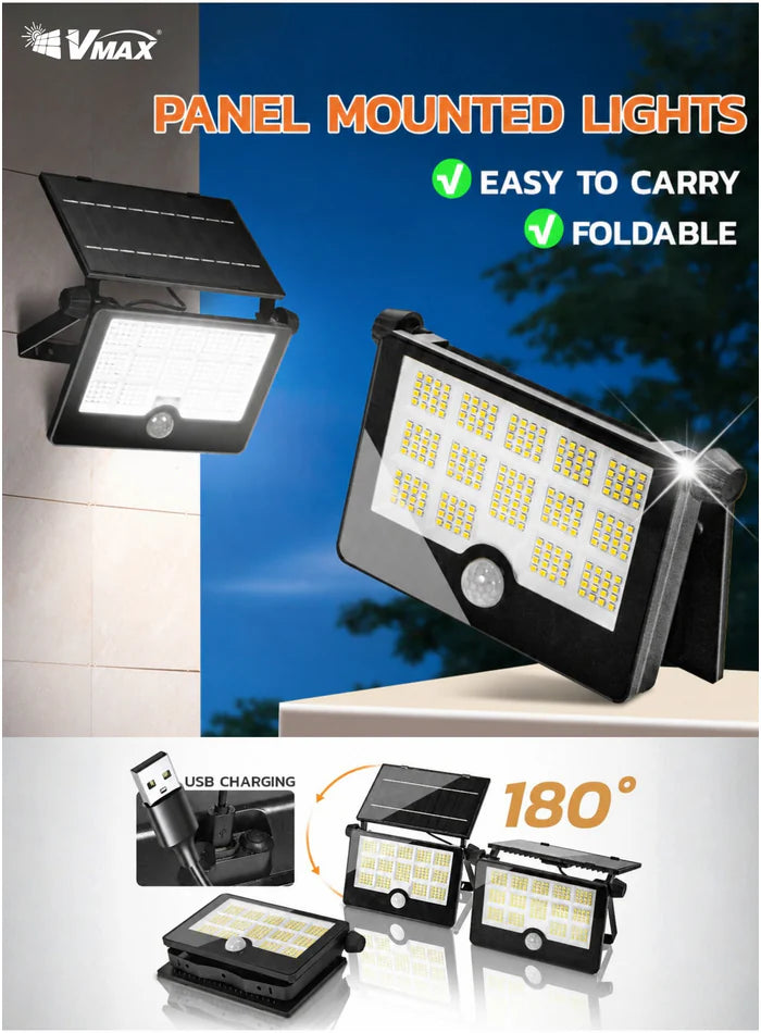 VMAX foldable 60W solar flood light for wall mounting and portable use
