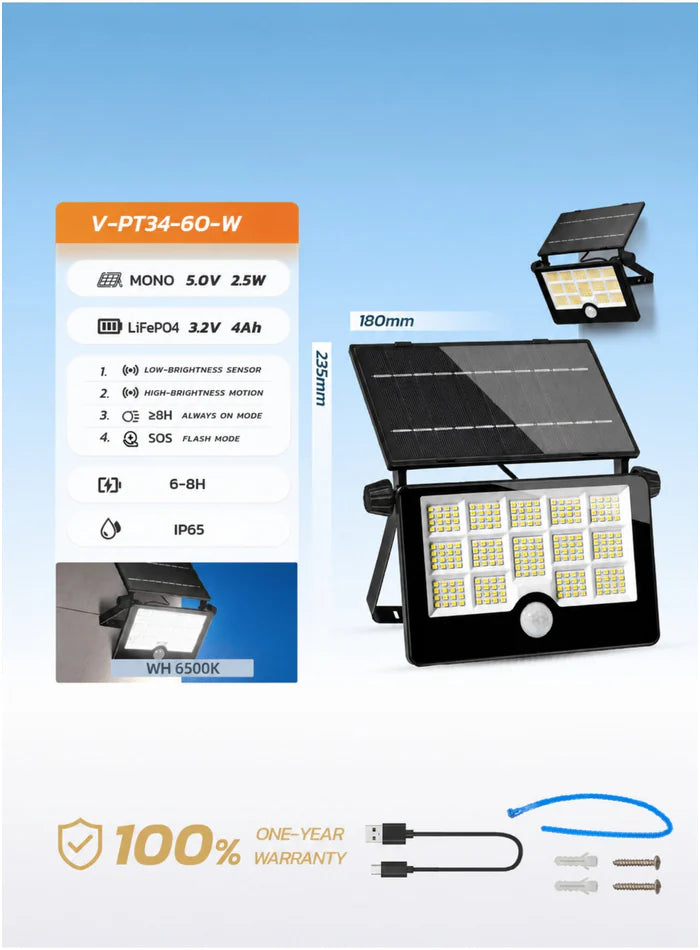 VMAX V-PT34-60-W solar flood light specifications and dimensions