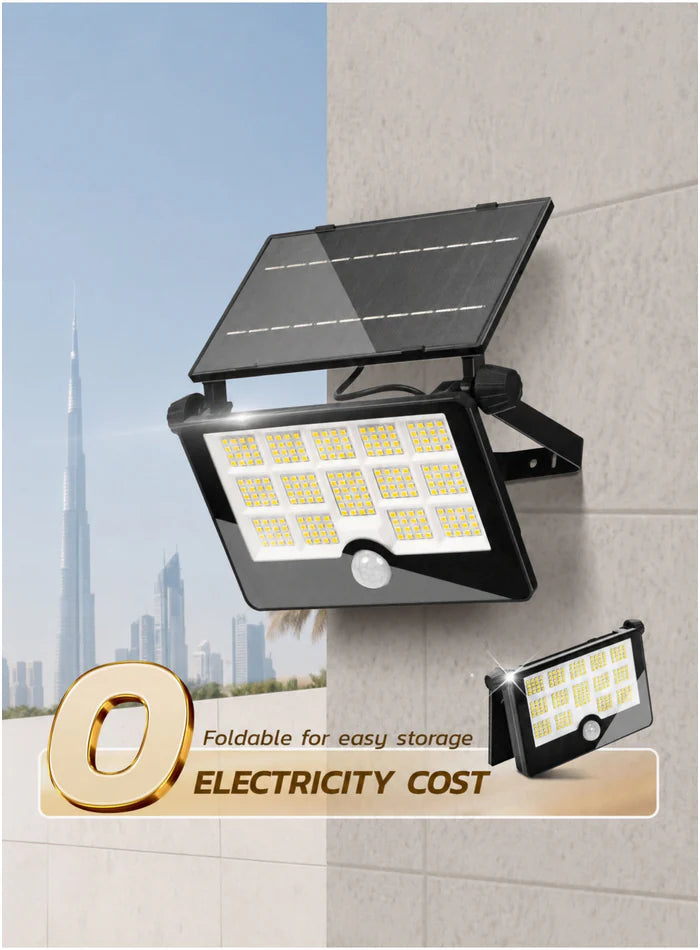 VMAX solar flood light installed on an outdoor villa wall