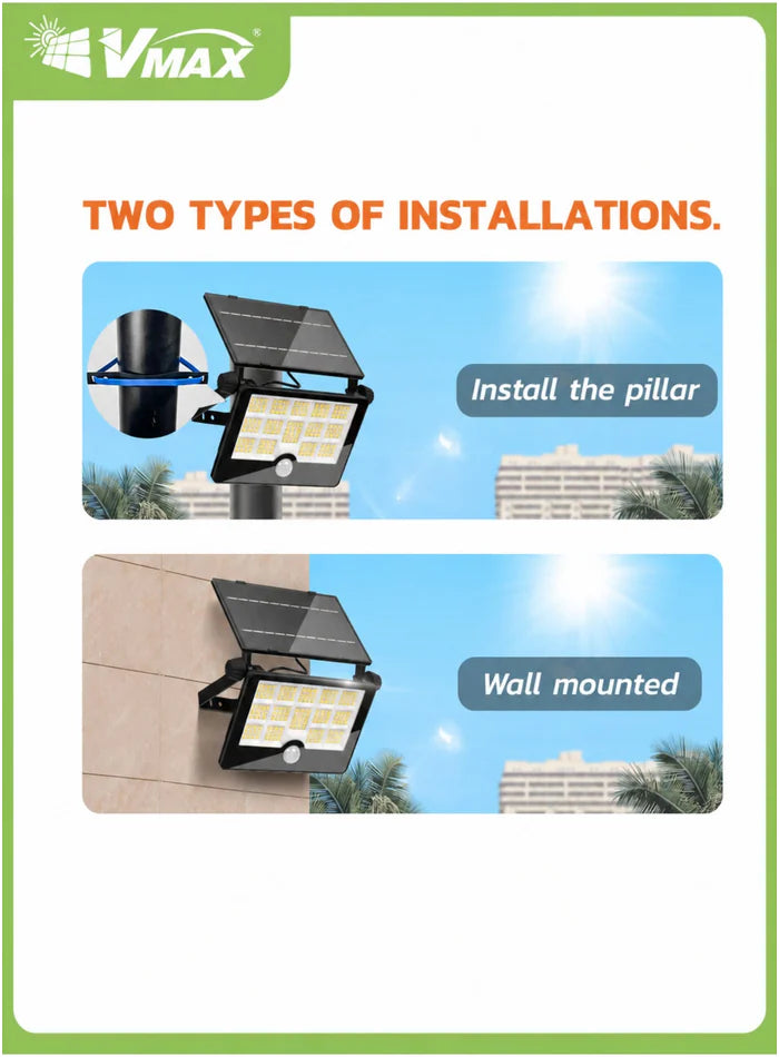 VMAX solar flood light wall and pole mounting options