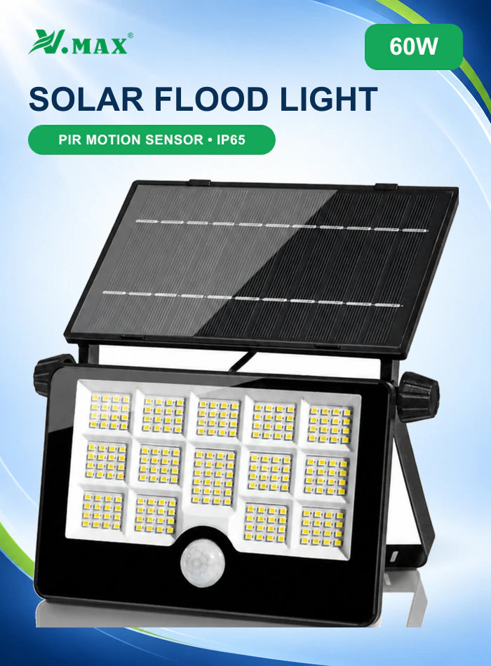 VMAX 60W solar flood light with PIR motion sensor and IP65 protection