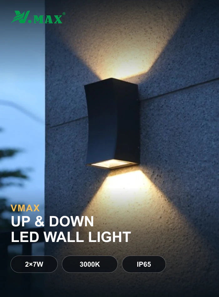 VMAX 14W up and down outdoor wall light installed on a villa exterior, warm white 3000K