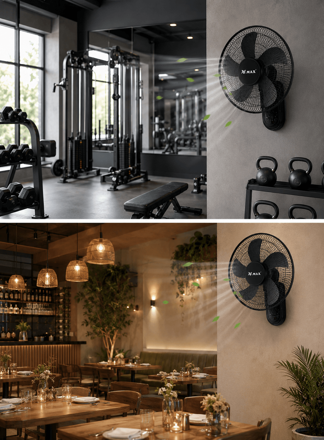 VMAX wall fan with remote control shown in gym and restaurant interior scenes for strong airflow and indoor cooling in Kuwait.