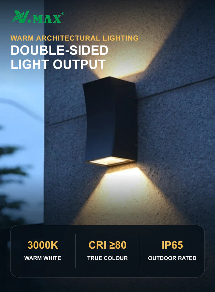 VMAX V-WL35707L-2 wall light in a real outdoor installation with 3000K, CRI 80 and IP65 features