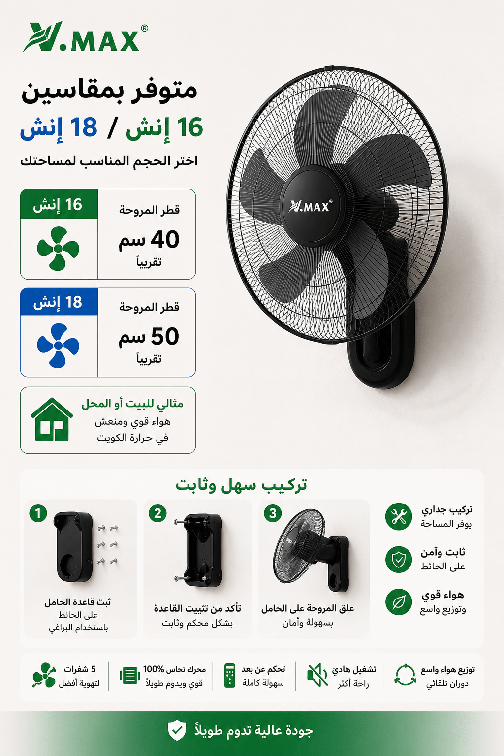 Wall fan size and installation guide 16 inch 18 inch wall mounted fan Kuwait