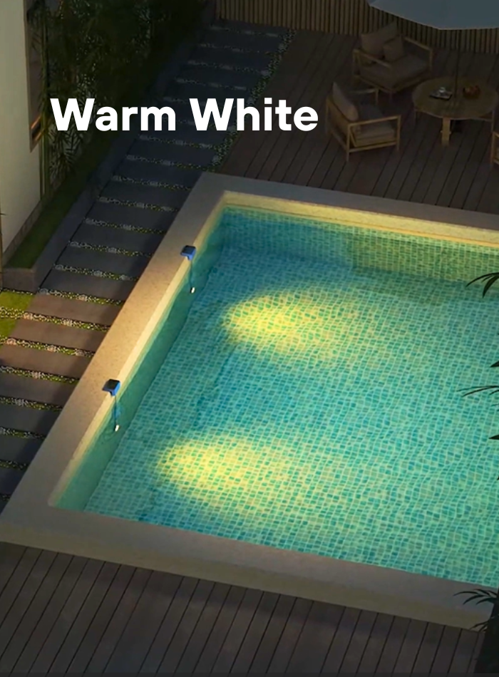 Solar-powered pool light emitting warm white 3000K glow in outdoor nighttime setting
