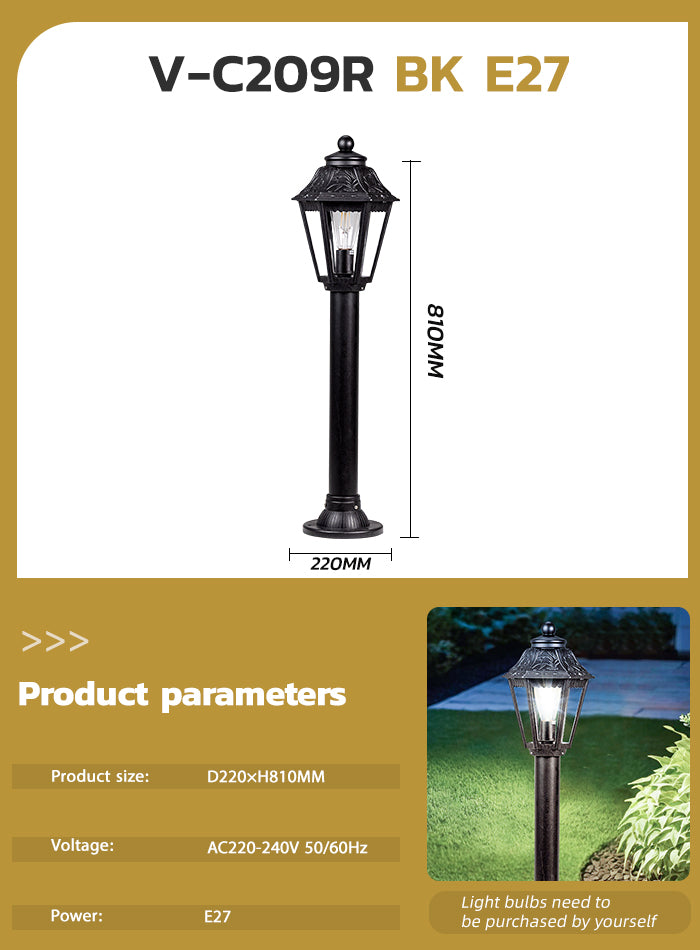 Outdoor waterproof European-style garden lamp with black finish, E27 bulb socket, ideal for villa gardens, pathways, and parks.